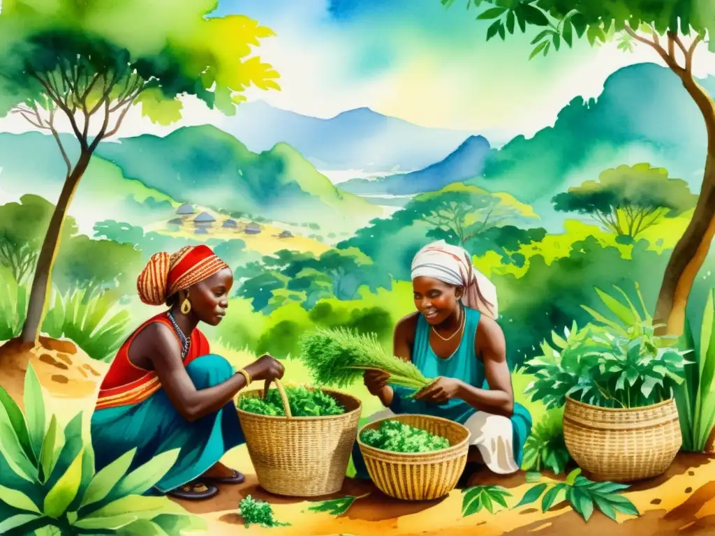 Una ilustración detallada en acuarela de una tribu africana recolectando hierbas y raíces medicinales en un bosque exuberante y soleado