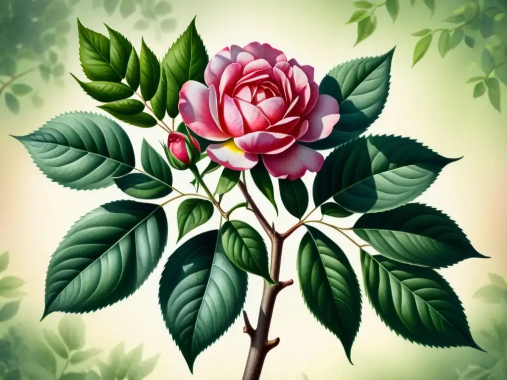 Una ilustración detallada en acuarela de una vibrante planta de rosa mosqueta, con hojas, tallos y delicadas flores rosadas