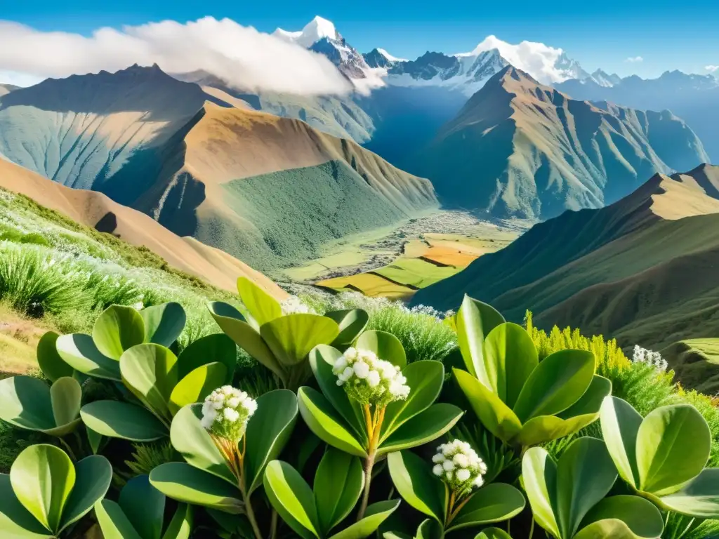 Una ilustración detallada en acuarela 8k de un vibrante paisaje andino con la planta de maca floreciendo