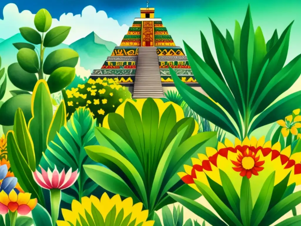 Una ilustración detallada en acuarela de un vibrante jardín azteca con plantas medicinales, destacando el Templo Mayor