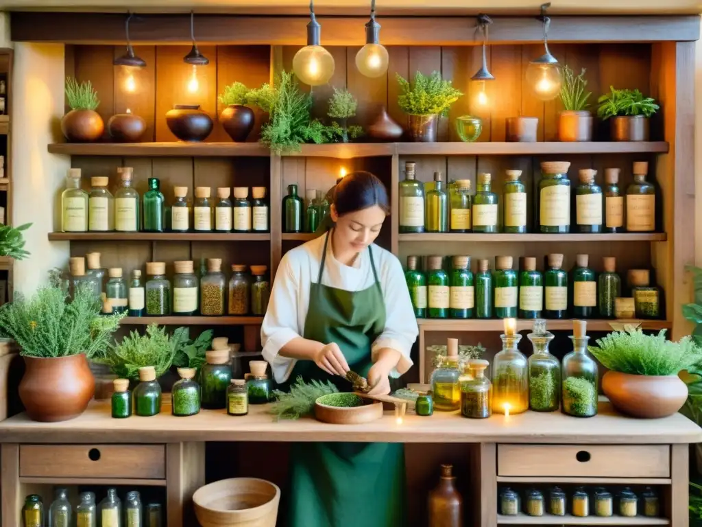 Una ilustración detallada de una antigua tienda de hierbas, con estantes llenos de botellas de vidrio etiquetadas con hierbas y plantas, y un herbolario elaborando un remedio tradicional en un bullicioso ambiente cálido con una atmósfera de sabiduría y atemporalidad