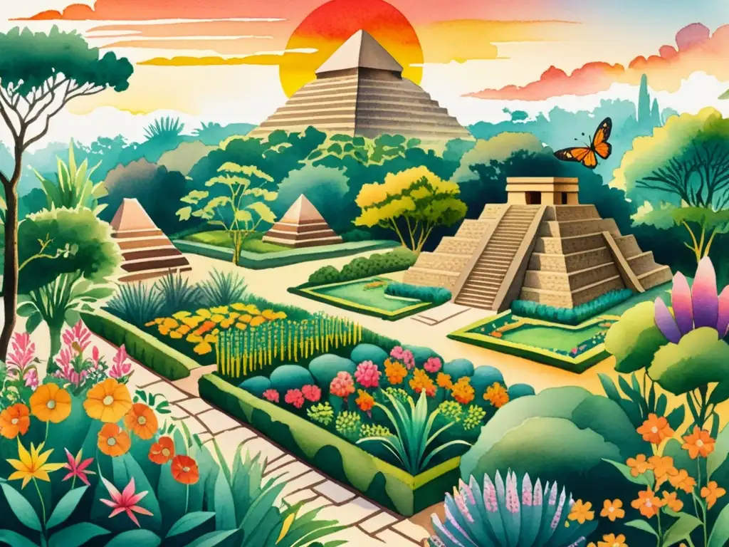 Una ilustración acuarela detallada de un antiguo jardín botánico mesoamericano, repleto de flores vibrantes, árboles majestuosos y caminos sinuosos