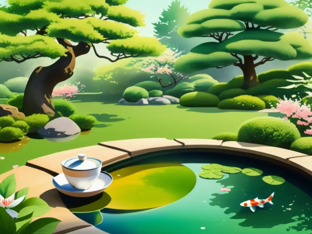 Una ilustración detallada de un apacible jardín japonés donde se celebra una ceremonia del té verde