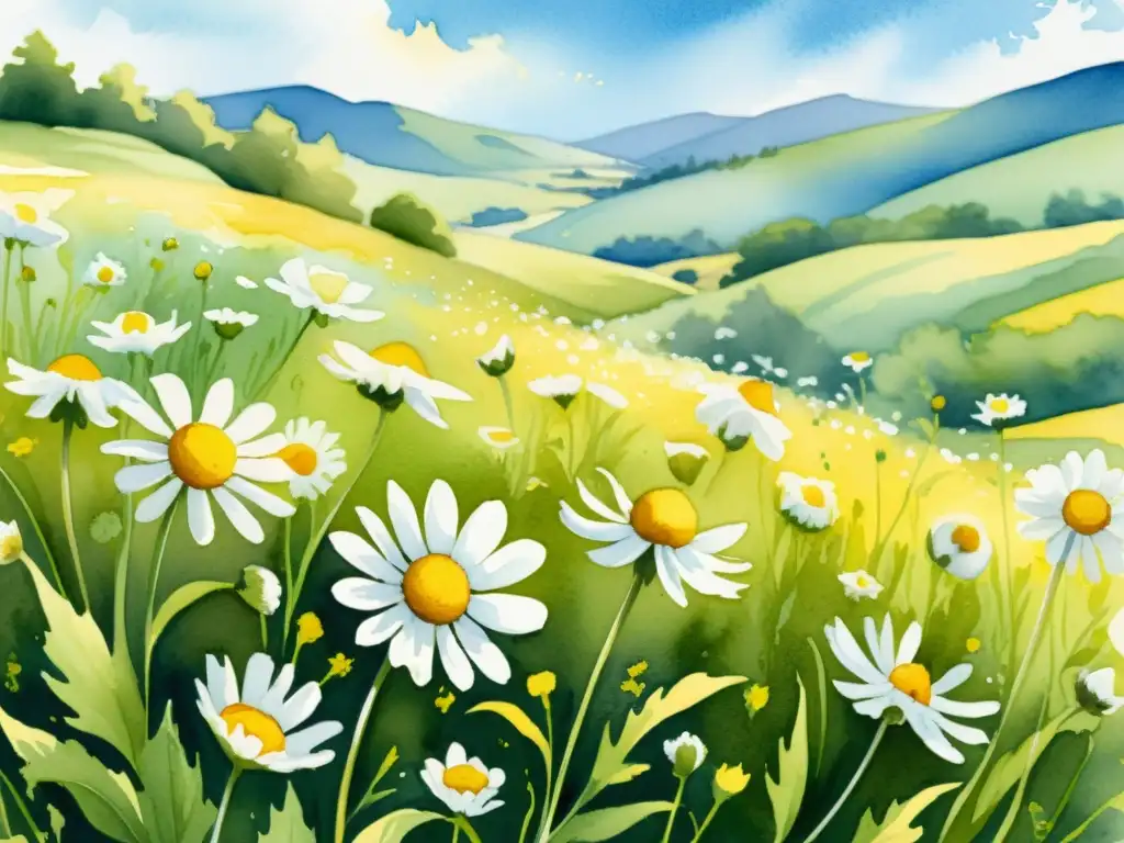 Una ilustración acuarela detallada de un campo sereno de manzanilla, con pétalos blancos y centros amarillos, bajo un cielo azul