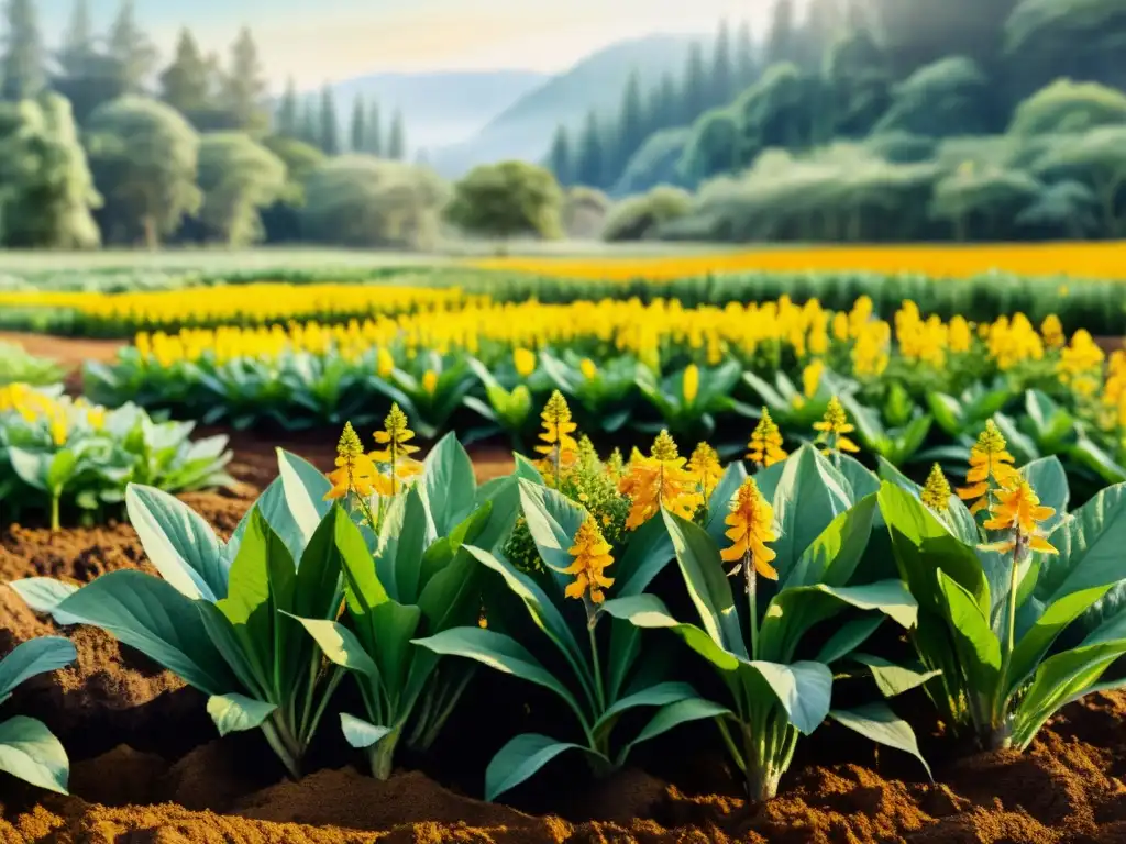 Una ilustración acuarela detallada de un campo vibrante de plantas de cúrcuma en flor, con raíces intrincadas y delicadas flores doradas