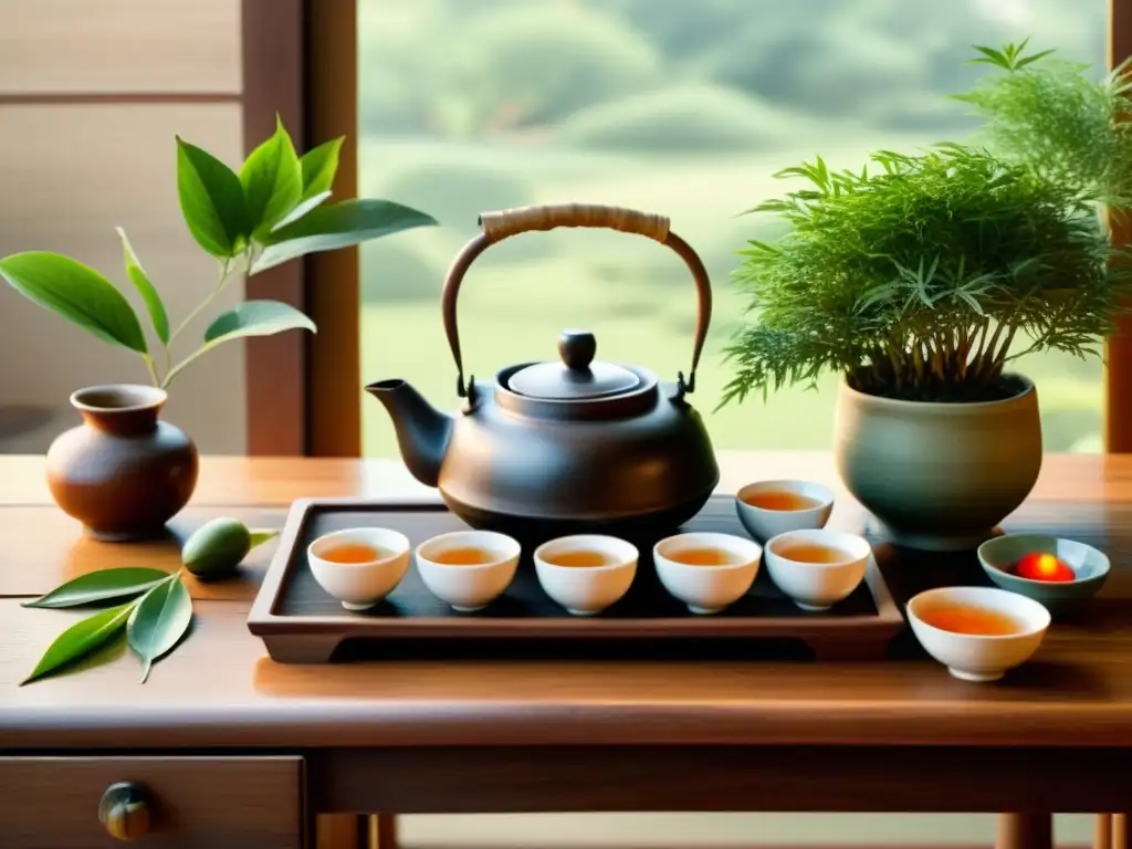 Una ilustración detallada de una ceremonia tradicional china del té, con tazas delicadas, una tetera y hojas de té en una mesa de madera