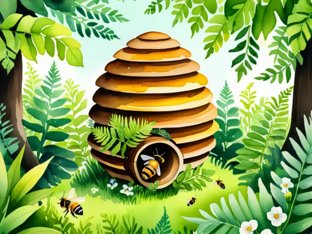 Una ilustración acuarela detallada de una colmena en un exuberante bosque soleado