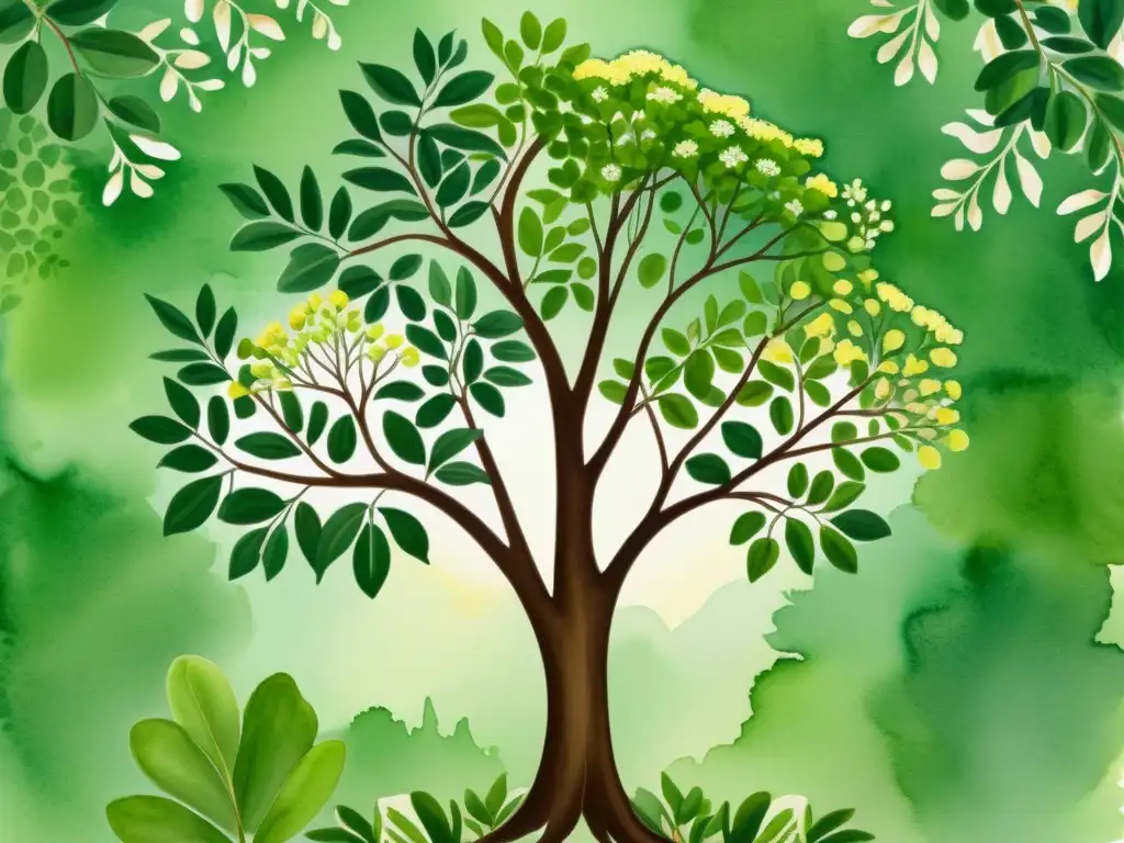 Una ilustración detallada de un exuberante árbol de Moringa, con hojas verdes y flores vibrantes