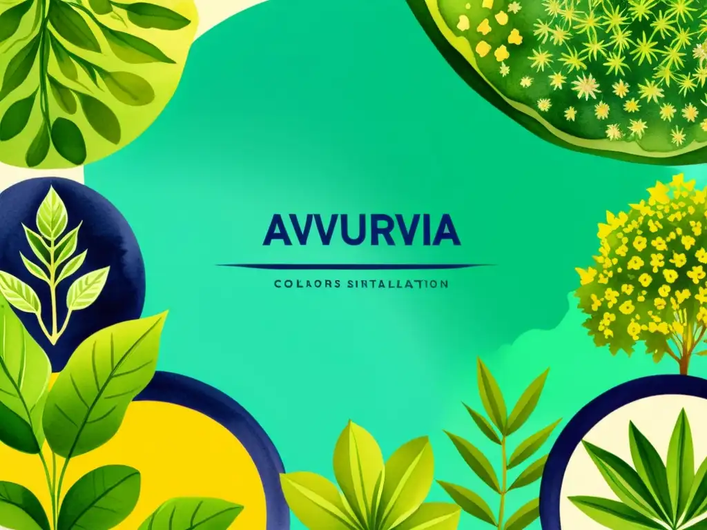 Una ilustración acuarela detallada de un exuberante jardín ayurvédico con elementos botánicos vibrantes y nanoestructuras intrincadas, fusionando la medicina ayurvédica tradicional con la nanotecnología