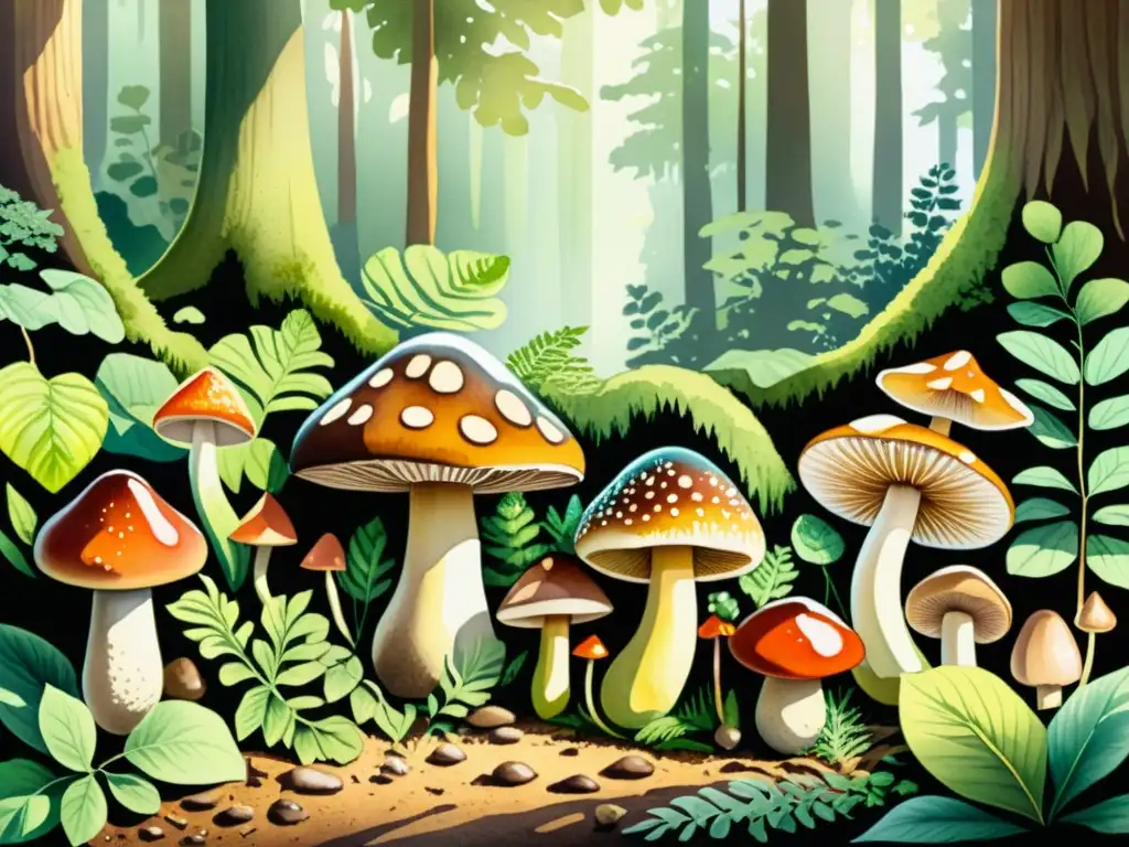 Una ilustración detallada de un exuberante bosque con hongos medicinales