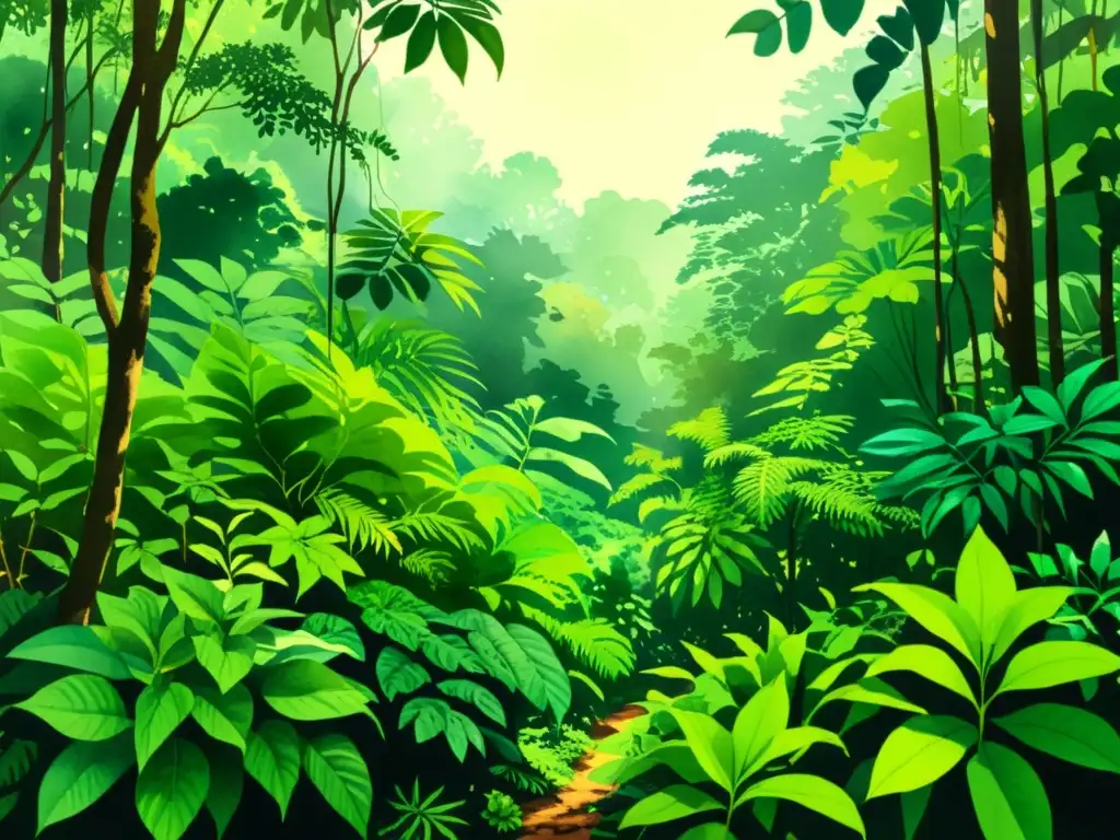 Una ilustración acuarela detallada de un exuberante bosque tropical lleno de plantas medicinales, con colores vibrantes y detalles intrincados