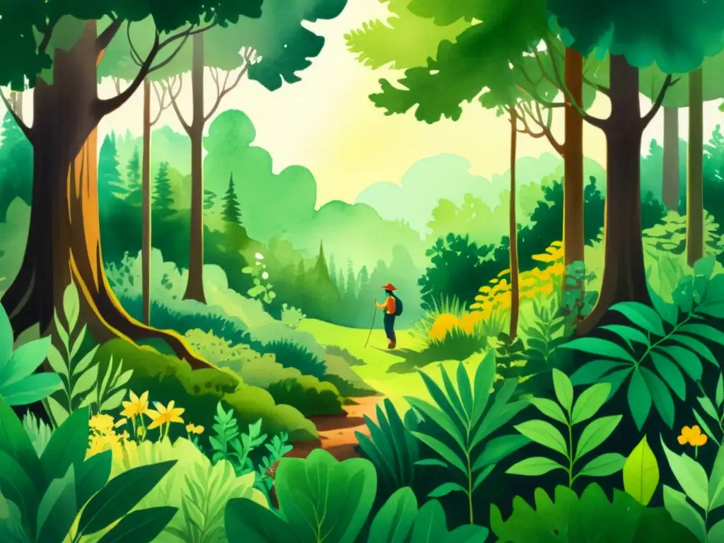 Bosque medicinal: cosecha consciente de plantas curativas Una ilustración detallada de un exuberante bosque con plantas medicinales, donde se practican técnicas de cosecha de forma respetuosa y sostenible