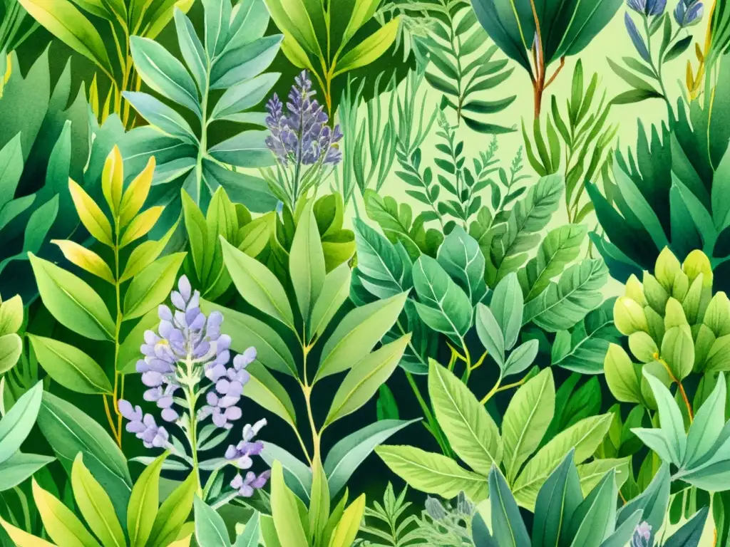 Una ilustración acuarela detallada de un exuberante bosque con plantas medicinales protectoras aura como salvia, lavanda, romero y eucalipto