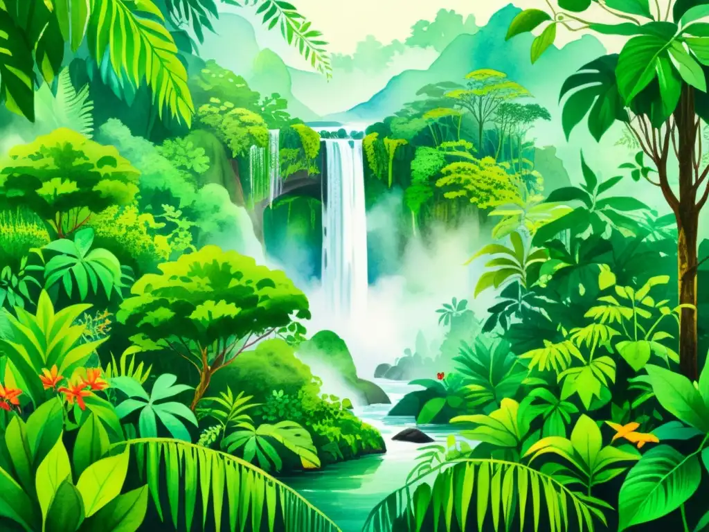 Una ilustración detallada de una exuberante escena de selva tropical con una diversidad de plantas vibrantes, cascadas y vida silvestre