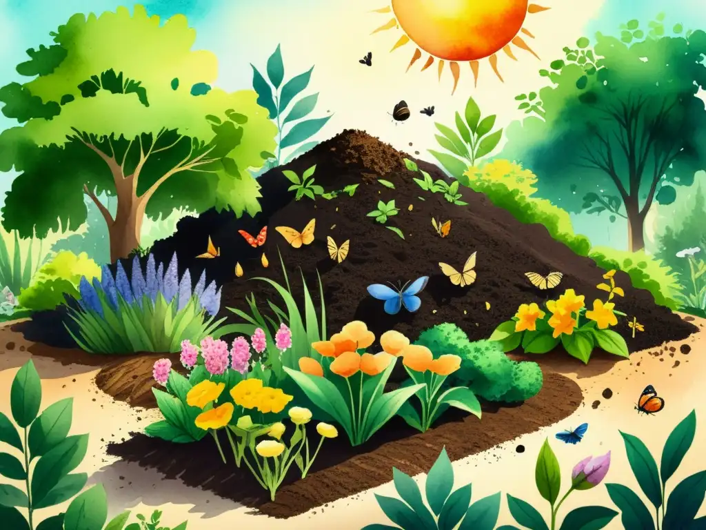 Una ilustración detallada de un exuberante jardín con un montón de compost en el centro, destacando las técnicas efectivas para compostaje en jardín