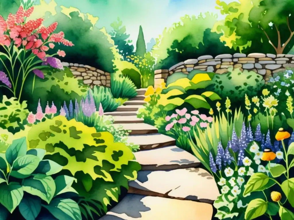 Una ilustración acuarela detallada de un exuberante jardín de hierbas, con plantas verdes vibrantes y flores coloridas en patrones intrincados