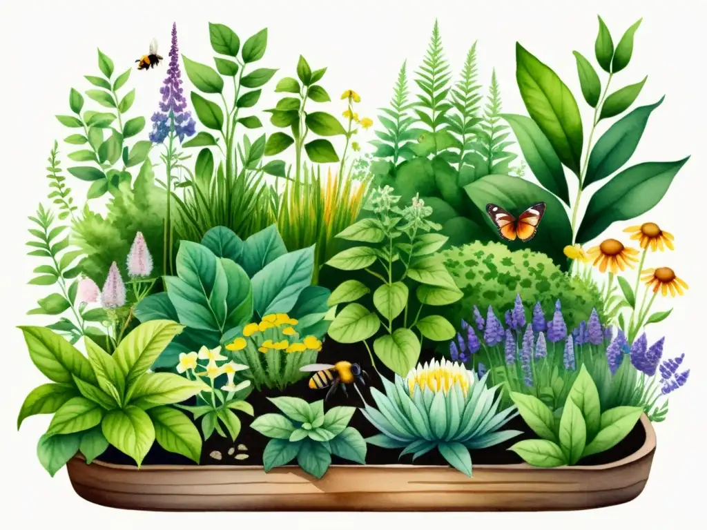 Una ilustración acuarela detallada de un exuberante jardín de hierbas con plantas medicinales, rodeado de elementos de permacultura sostenible