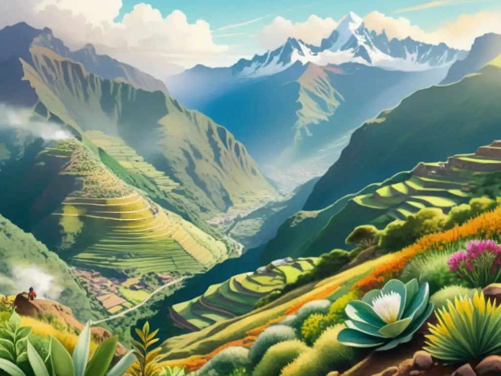 Una ilustración acuarela detallada de un exuberante paisaje andino, con plantas medicinales incas