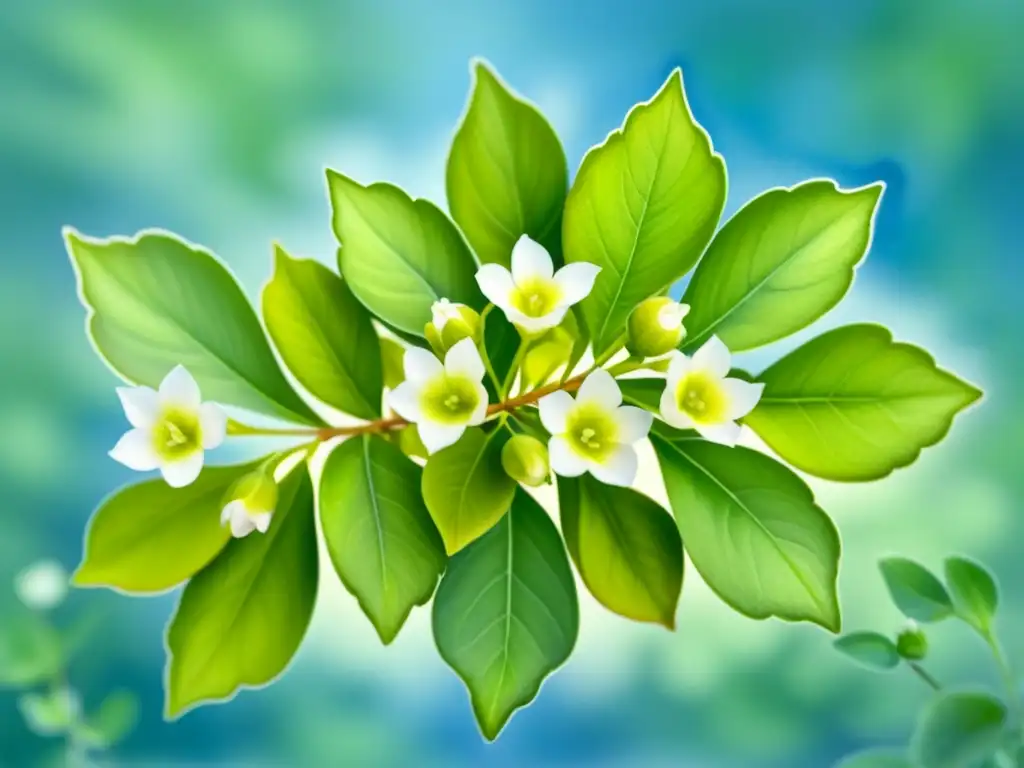 Una ilustración detallada de una exuberante planta de Bacopa Monnieri en acuarela, con flores blancas delicadas en plena floración