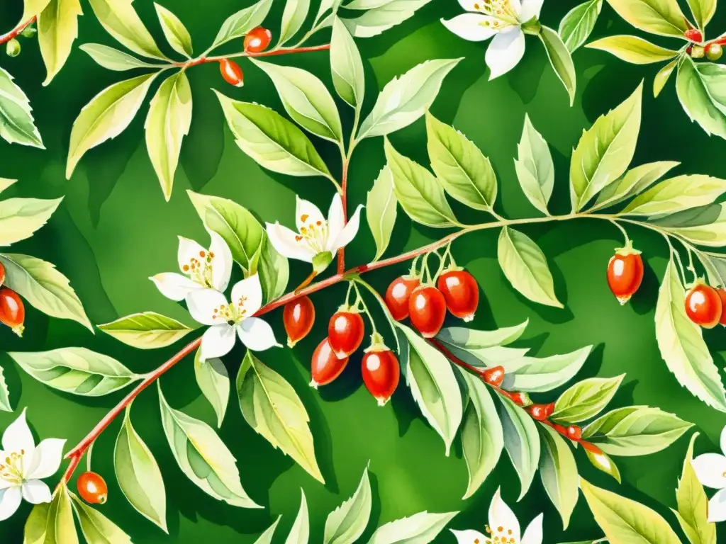 Una ilustración acuarela detallada de una exuberante planta de bayas de goji, con hojas verdes vibrantes, delicadas flores blancas y racimos de bayas rojas madurando al sol