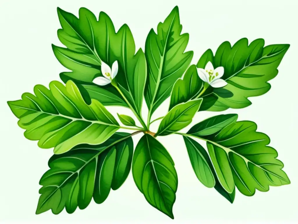 Una ilustración acuarela detallada de una exuberante planta de stevia con hojas delicadas y flores blancas