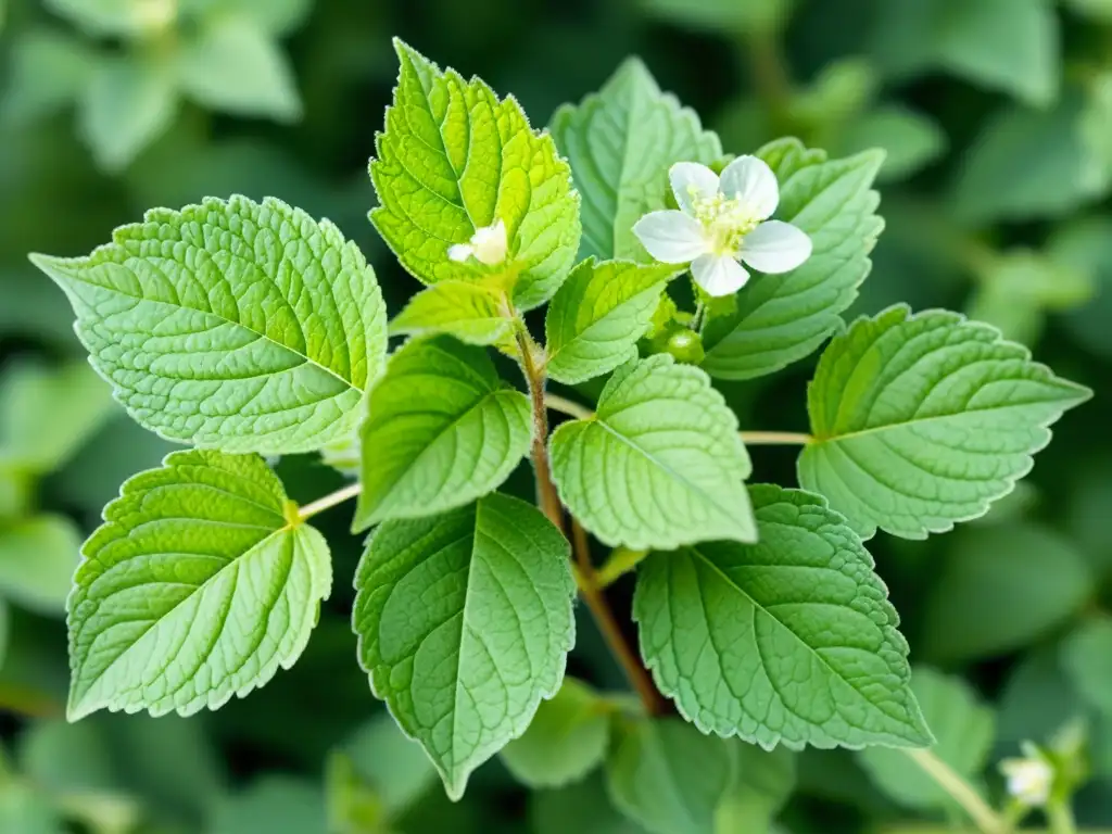 Una ilustración acuarela detallada de una exuberante planta de melisa (Melissa officinalis) en un jardín sereno