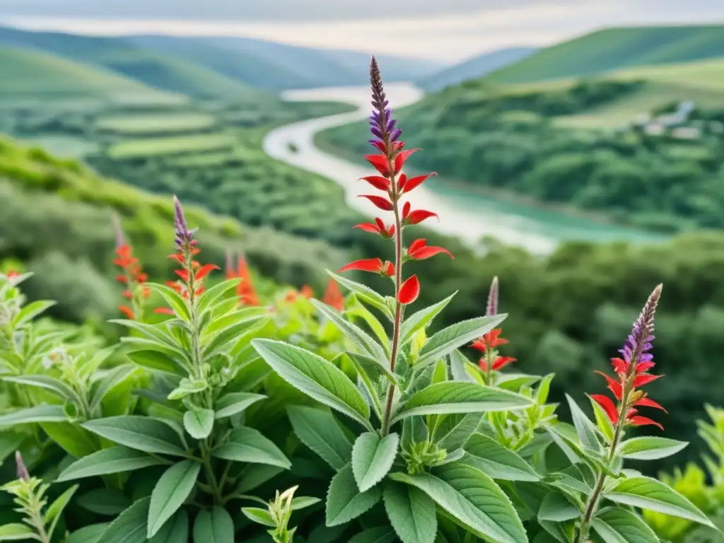 Una ilustración acuarela detallada de una exuberante planta de Salvia Miltiorrhiza con flores rojas, rodeada de un río y colinas