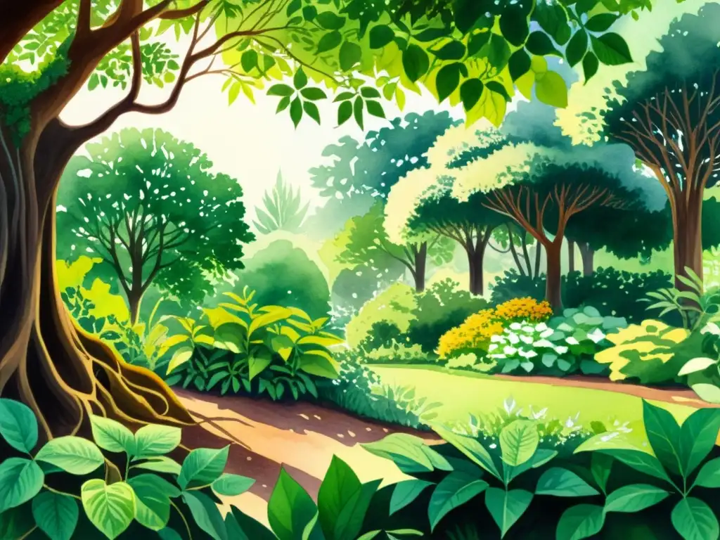 Jardín botánico en acuarela: plantas medicinales detalladas Una ilustración detallada de un exuberante jardín botánico con plantas medicinales