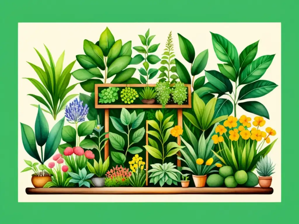 Una ilustración acuarela detallada de un exuberante jardín simétrico con plantas medicinales