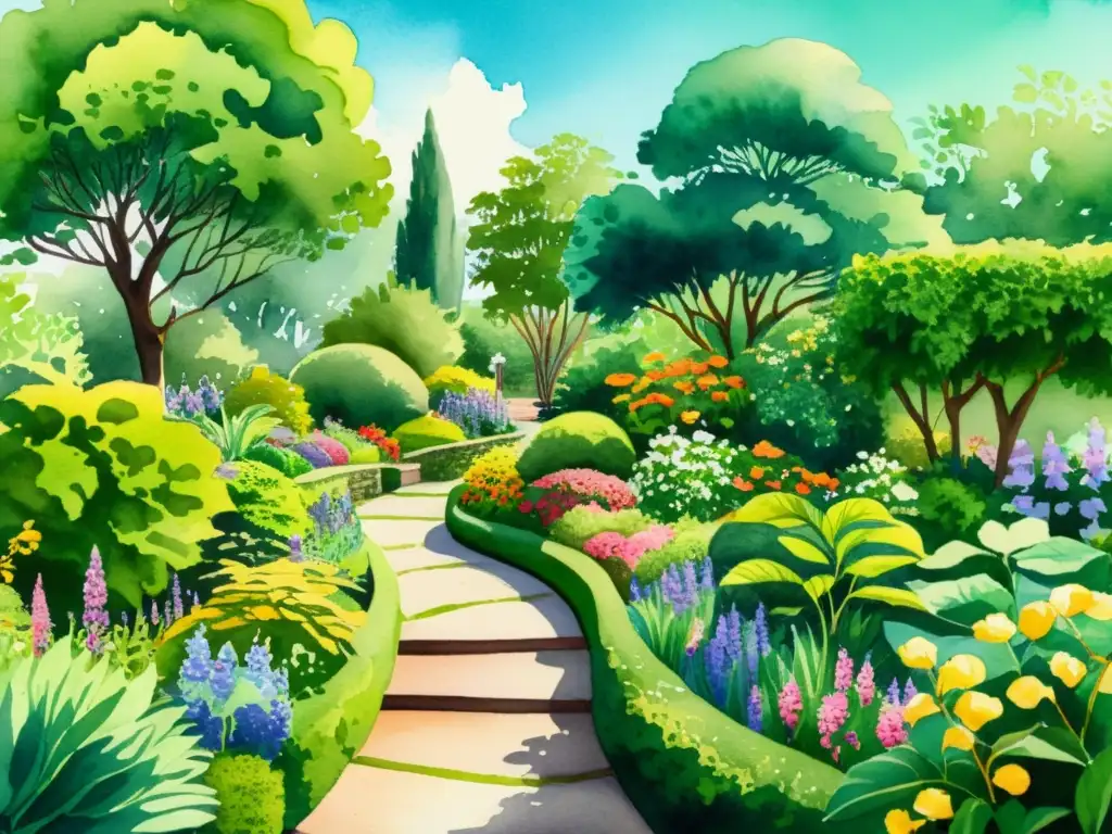 Una ilustración detallada de un exuberante jardín botánico con plantas medicinales