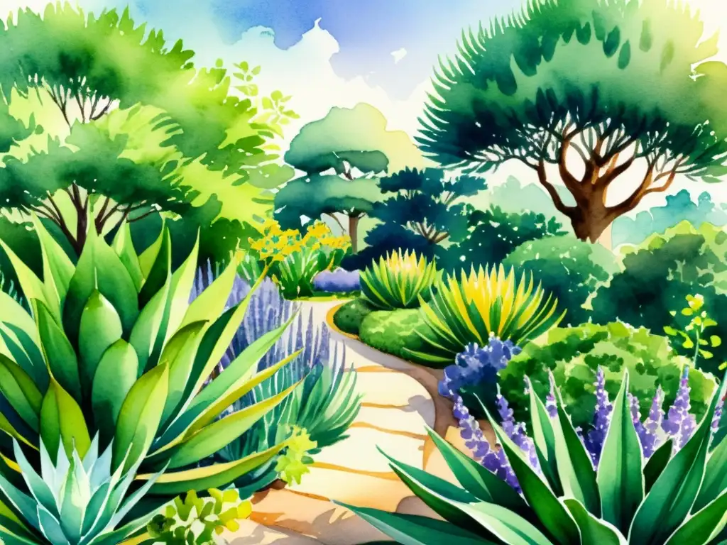 Una ilustración acuarela detallada de un exuberante jardín botánico con plantas medicinales y una atmósfera de tranquilidad