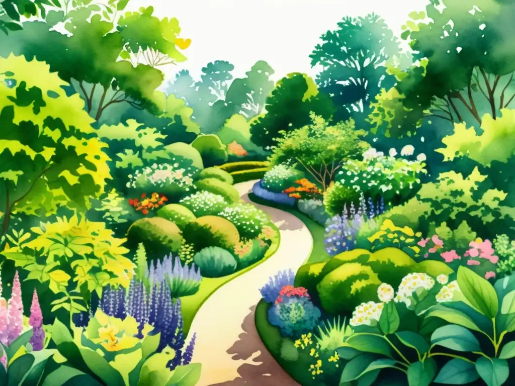 Una ilustración acuarela detallada de un exuberante jardín botánico con plantas medicinales, bañado por la luz del sol