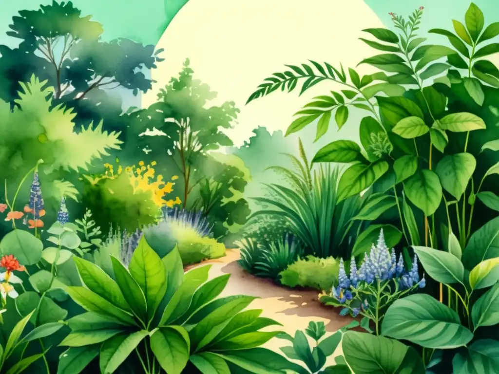 Una ilustración detallada de un exuberante jardín botánico, con plantas medicinales y colores vibrantes