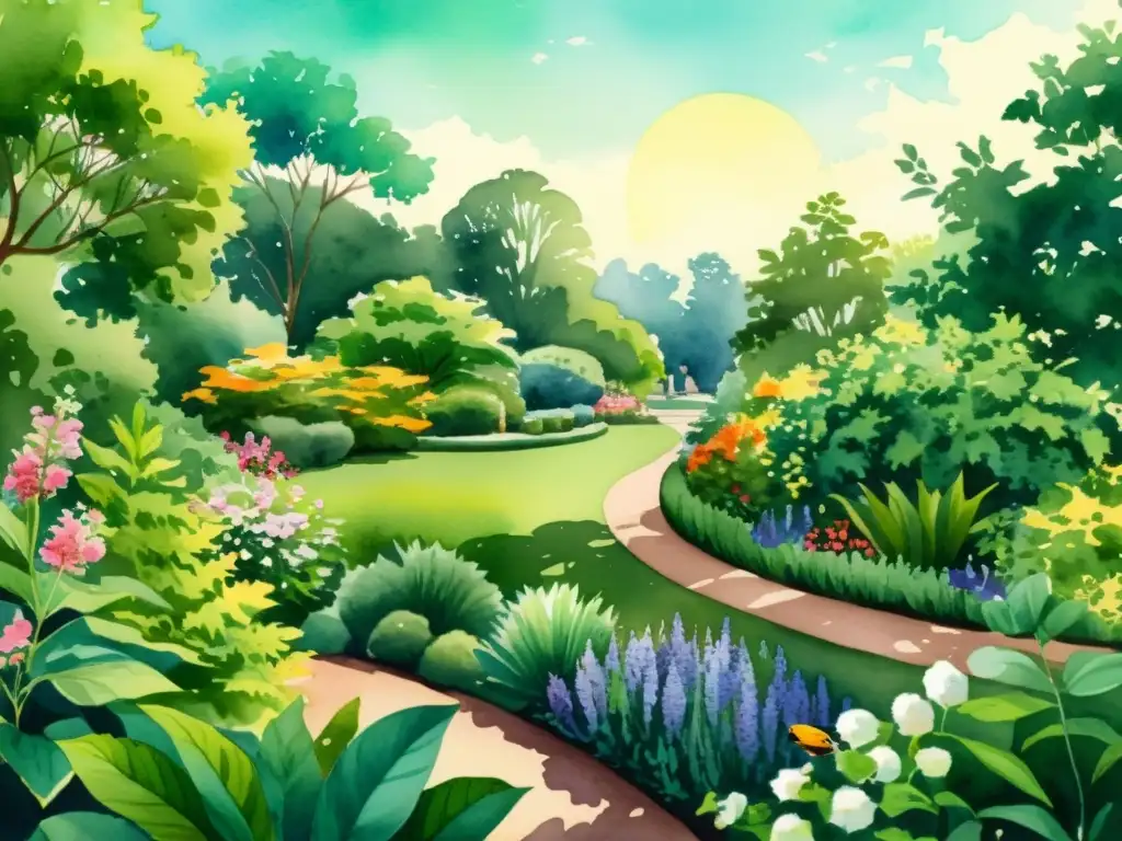 Una ilustración detallada de un exuberante jardín botánico con plantas medicinales, flores vibrantes y luz filtrada entre las hojas