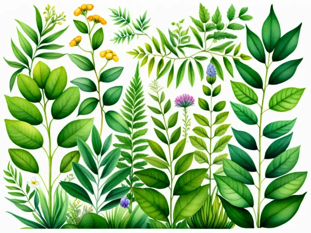 Una ilustración acuarela detallada de un exuberante jardín botánico con plantas medicinales y ADN entrelazado, fusionando la ciencia y la naturaleza