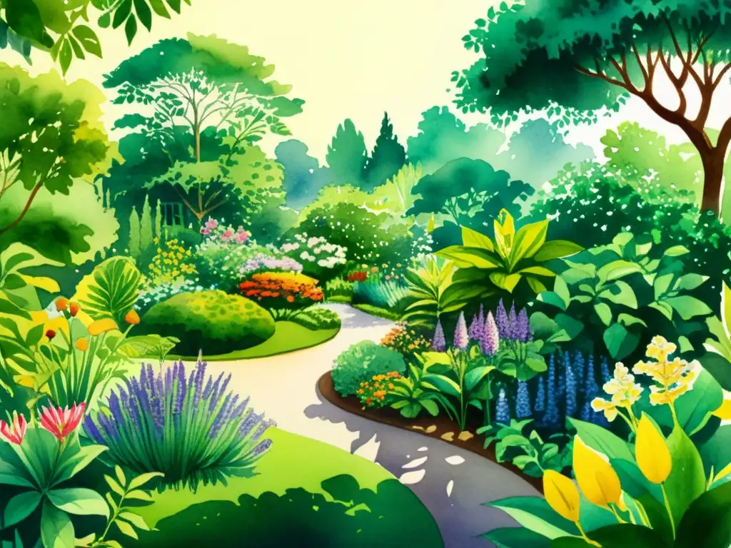 Una ilustración acuarela detallada de un exuberante jardín botánico, repleto de plantas medicinales y flores vibrantes