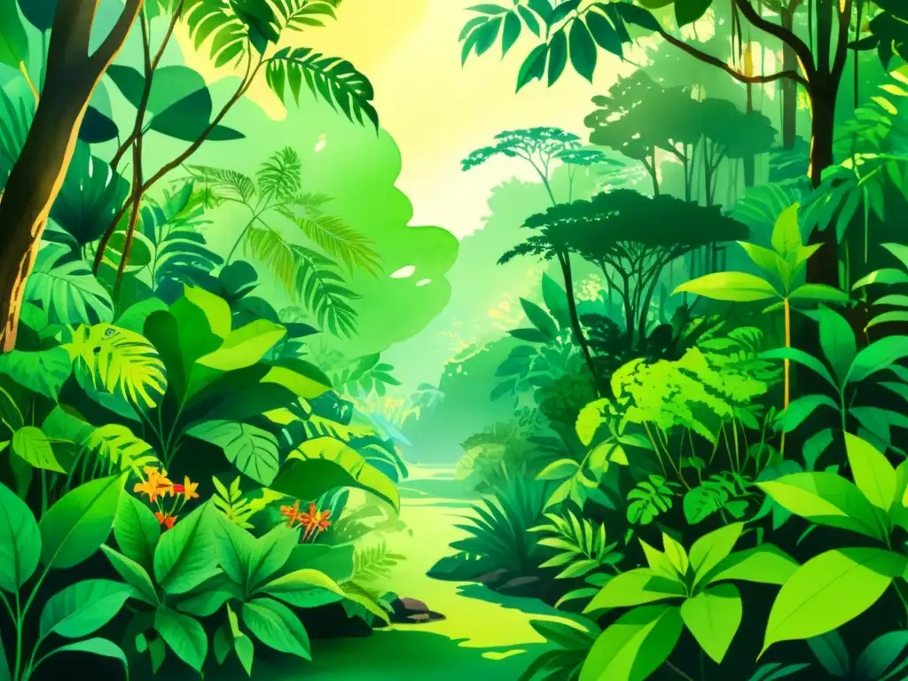 Una ilustración detallada de una exuberante selva tropical llena de vida vegetal, con plantas medicinales y una atmósfera tranquila