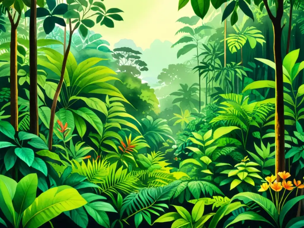 Una ilustración detallada de una exuberante selva tropical, con plantas medicinales y personas estudiando la importancia etnobotánica de las plantas