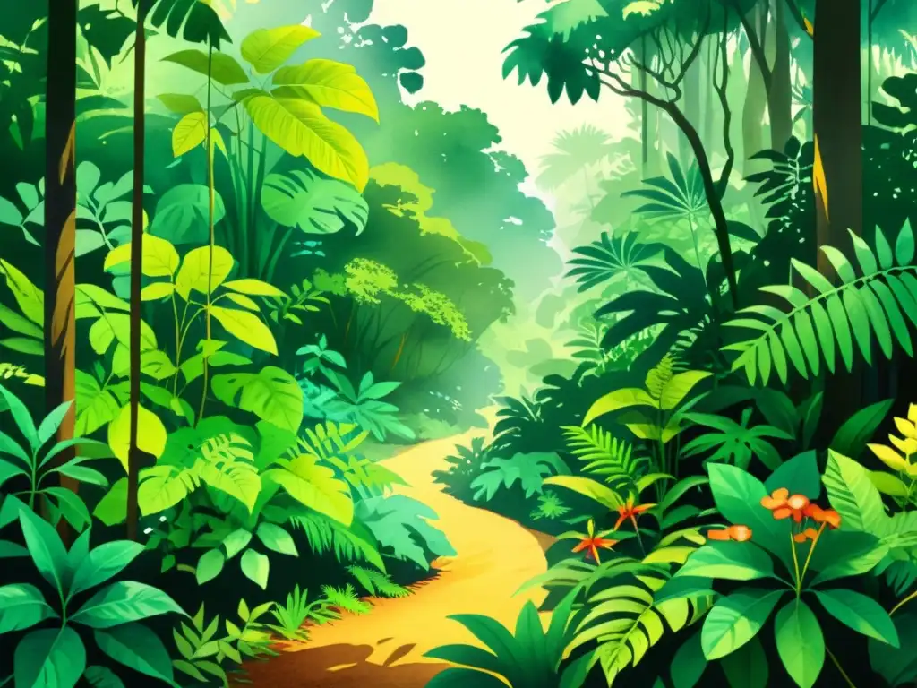 Una ilustración detallada de una exuberante selva tropical, invitando a la exploración virtual de ecosistemas de plantas medicinales con su diversa vida vegetal y senderos sinuosos