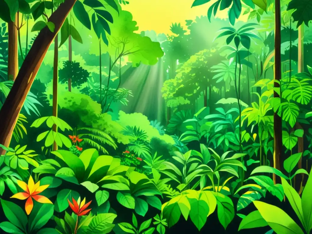 Una ilustración detallada de una exuberante selva tropical con plantas medicinales, impacto cultural y biodiversidad