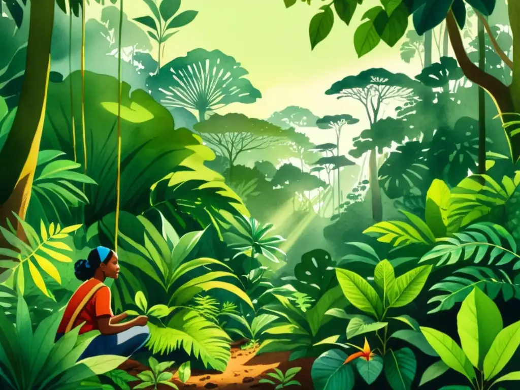 Una ilustración detallada de una exuberante selva tropical con plantas medicinales y personas interactuando en armonía