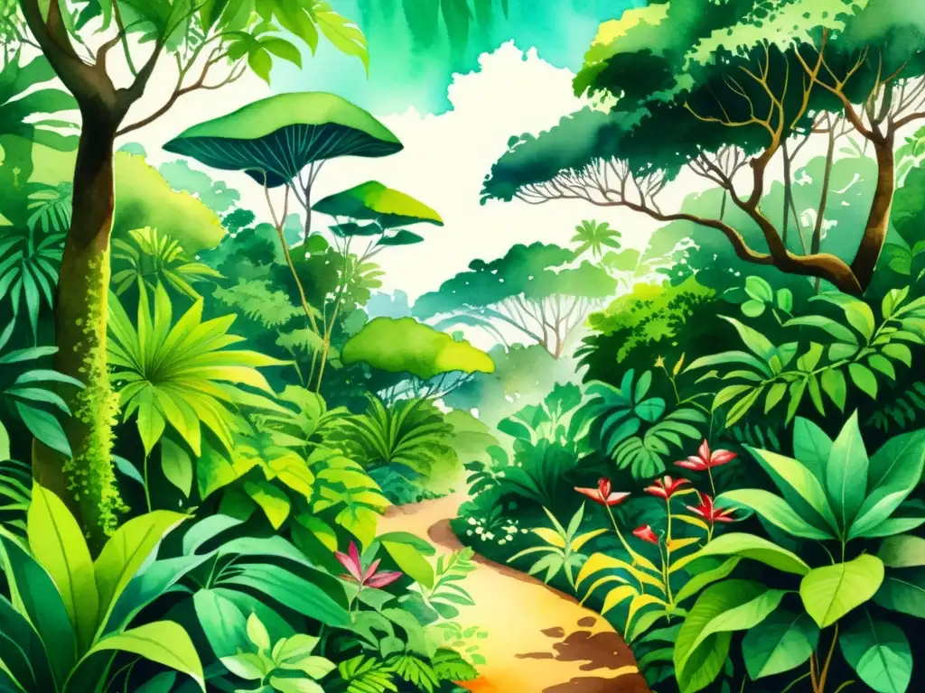 Una ilustración acuarela detallada de una exuberante selva tropical, ideal para expediciones en busca de especies medicinales