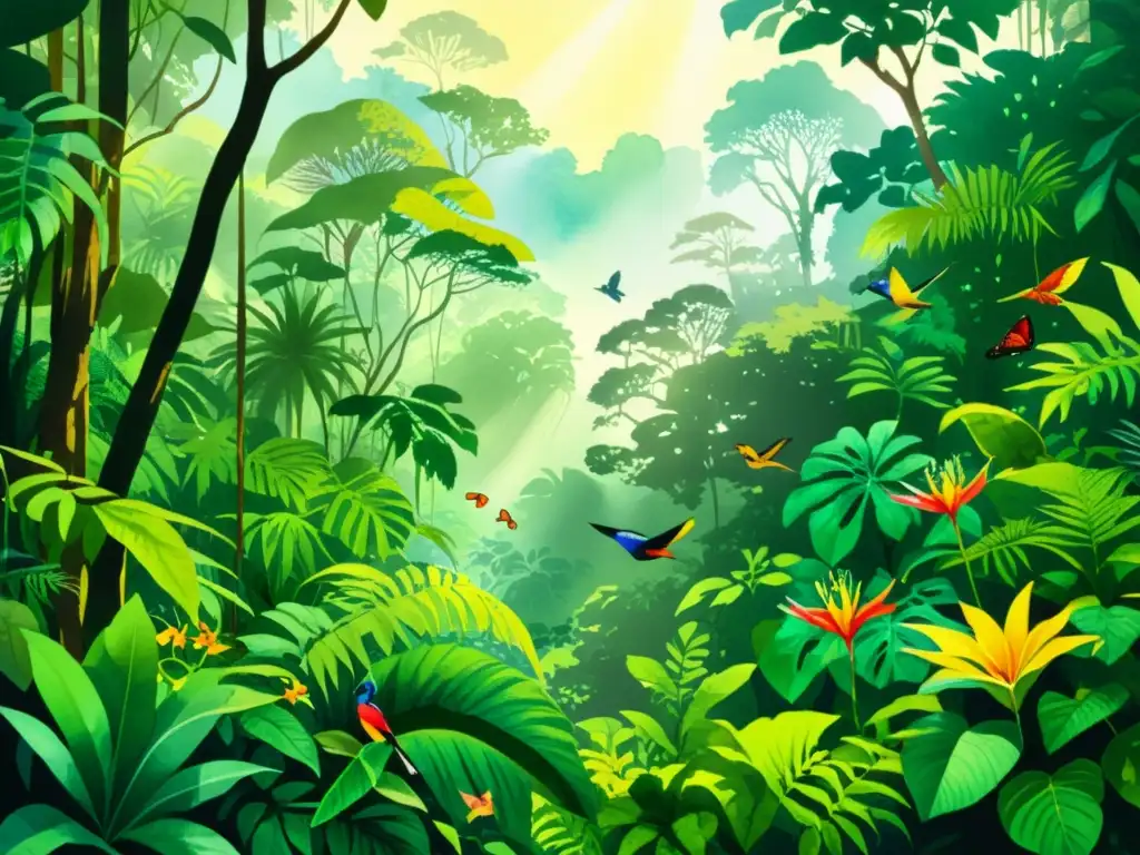 Una ilustración detallada de una exuberante selva tropical, hogar de una gran diversidad de especies