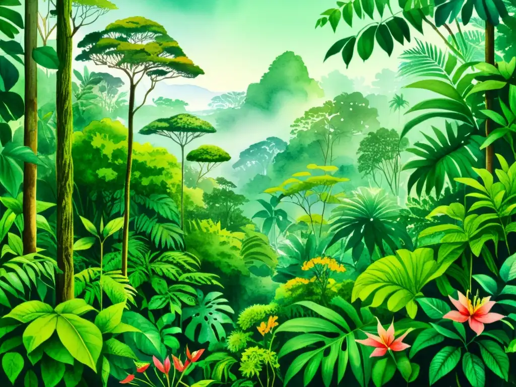 Una ilustración acuarela detallada de una exuberante selva tropical, repleta de vida vegetal diversa