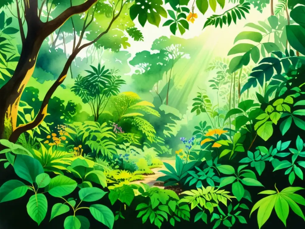 Una ilustración acuarela detallada de una exuberante selva tropical llena de plantas medicinales, con colores vibrantes y pinceladas delicadas