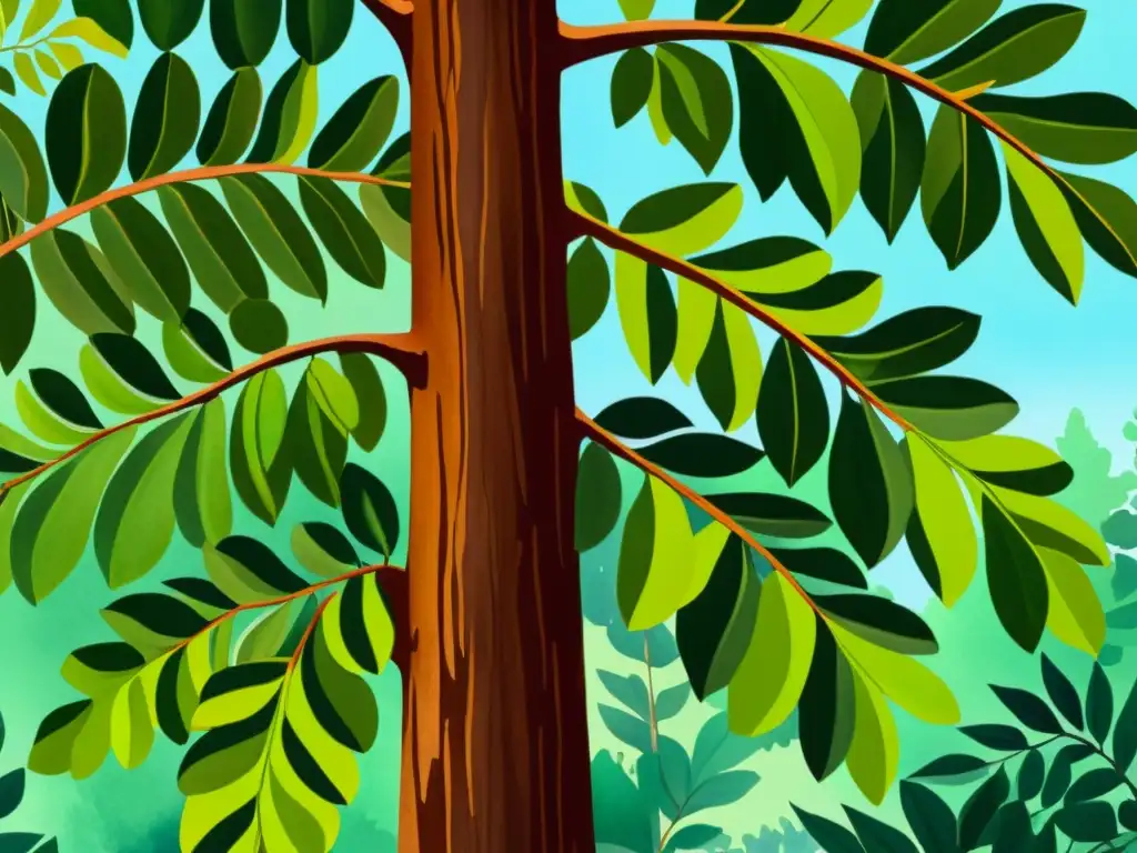 Una ilustración detallada de un frondoso árbol de tamarindo en una selva tropical vibrante