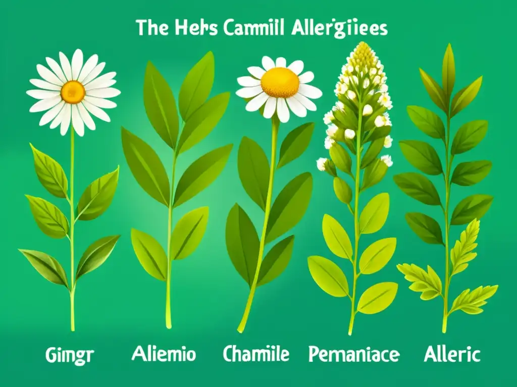 Una ilustración acuarela detallada de hierbas para dieta de eliminación de alergias, como manzanilla, menta, jengibre y cúrcuma