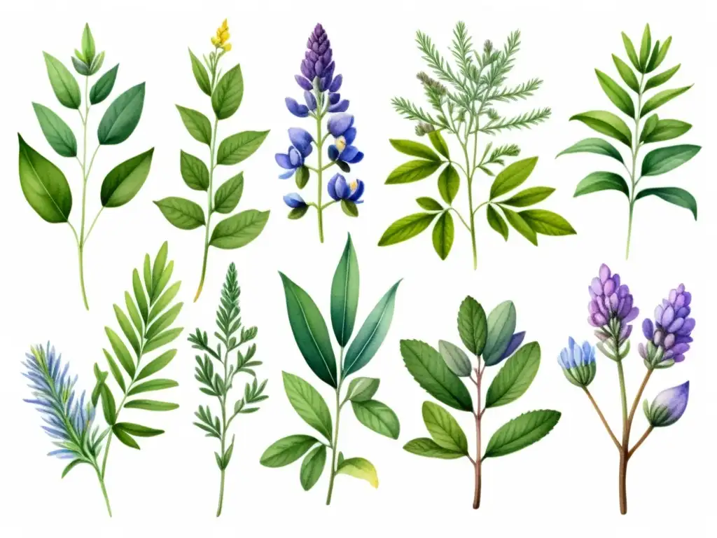 Una ilustración acuarela detallada de hierbas medicinales para tónicos herbales piel grasa, como hamamelis, árbol de té, lavanda y romero