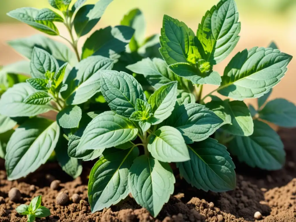 Una ilustración detallada de hierbas verdes vibrantes como albahaca, perejil y menta, bañadas por la luz solar, transmitiendo belleza natural y vitalidad, perfectas para disfrutar los beneficios de una dieta alcalina con hierbas