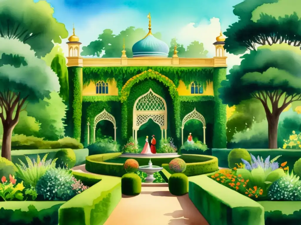 Espléndida corte real rodeada de exuberantes jardines de hierbas Una ilustración acuarela detallada de una majestuosa escena de la corte real, donde nobles y realeza disfrutan de exuberantes jardines de hierbas